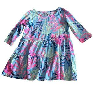 Lilly Pulitzer Geanna Floral Cotton Dress Girls XS Vibrant Pink/Blue 3/4 Sleeve